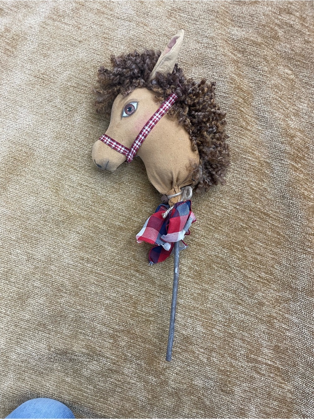 Hand made decorative, soft side, fabric pony head on a stick